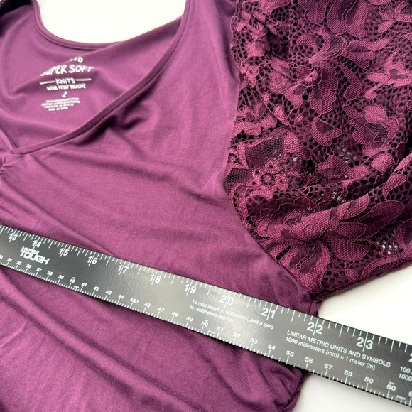 TORRID 2X Super Soft Knit Plum Purple Mini Dress Floral Lace Sleeves Ruched Sexy - Picture 7 of 9
